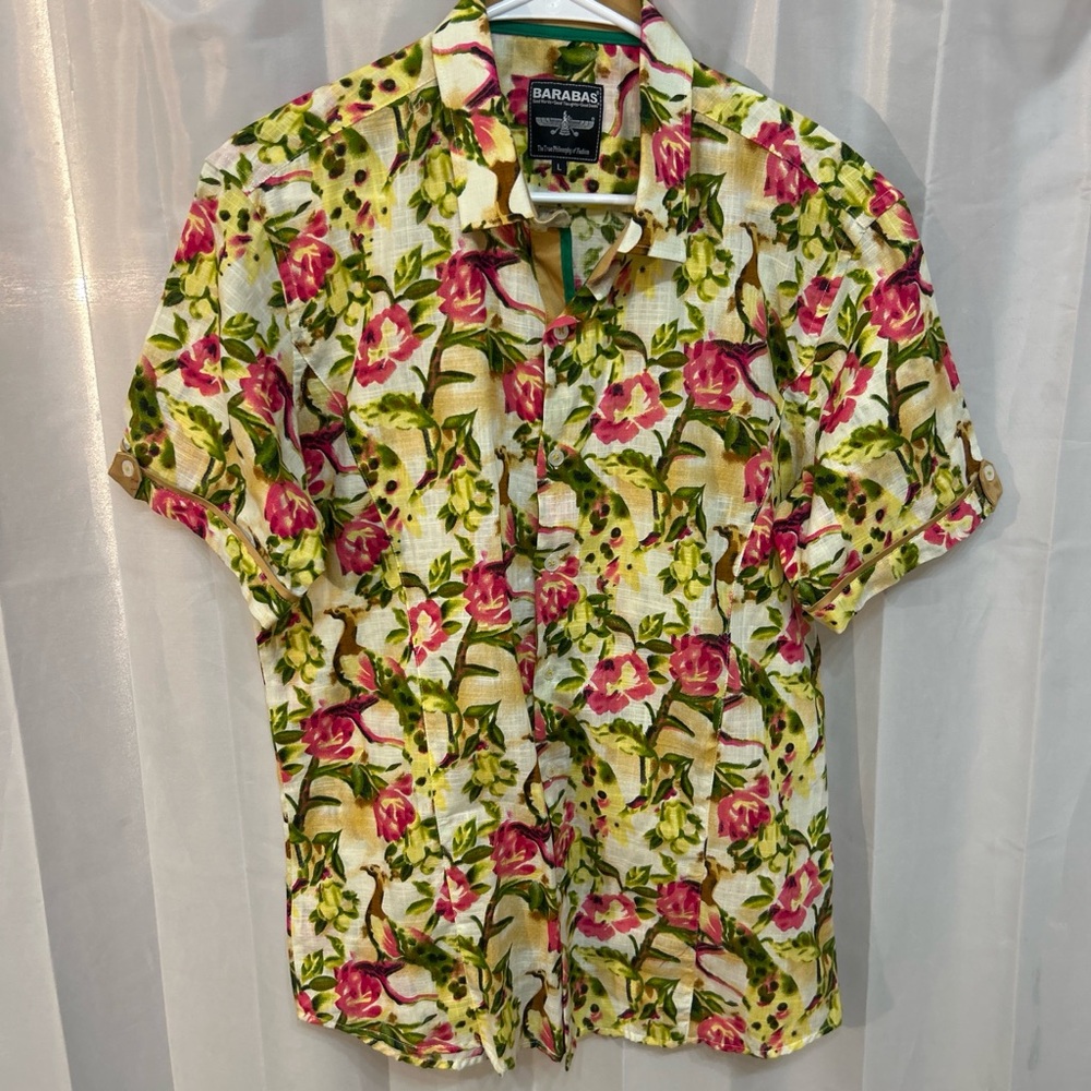 Barabas Men's Tropical Floral Shirt - Green and Pink 100% Cotton Size L